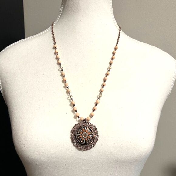 Peach Beads Copper Tone Chain Large Flower Pendant Boho Necklace - Picture 1 of 8